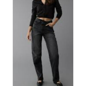 NWT American Eagle Jeans Womens 16/33W Black Strigid Hi-Rise Baggy Straight